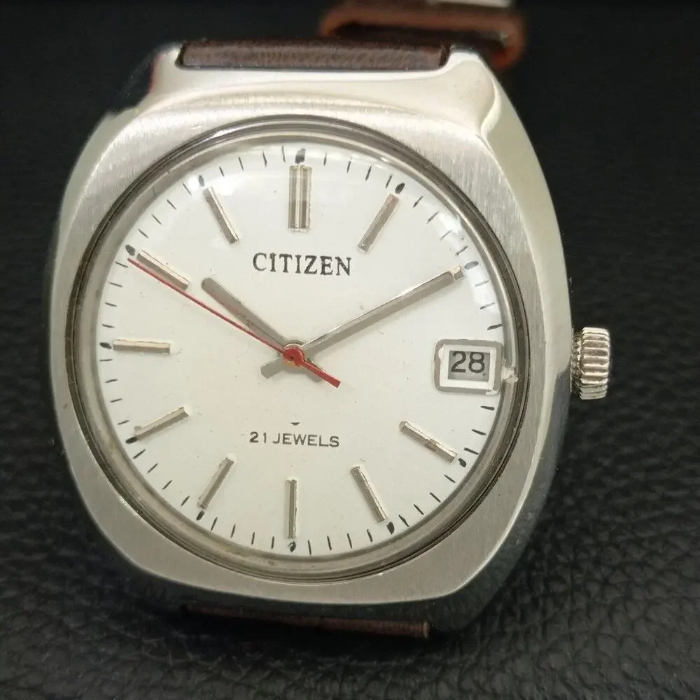 Vintage 1980 Citizen Manual Wound Mens Silver Watch W/Date & White accents